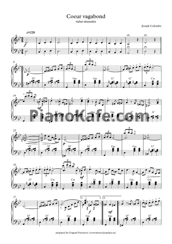 Ноты Joseph Colombo - Coeur vagabond (Вальс-Мюзет) - PianoKafe.com