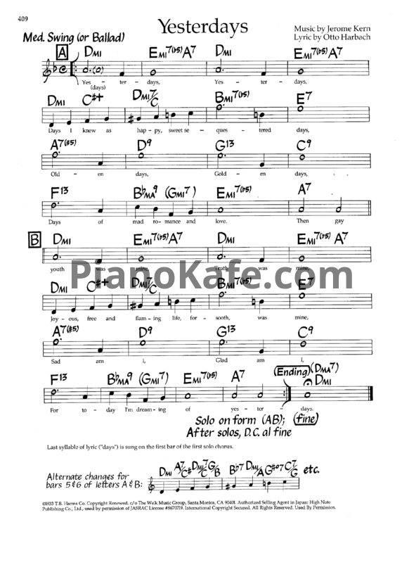 Ноты Jerome Kern - Yesterdays (Вокальная партия) - PianoKafe.com