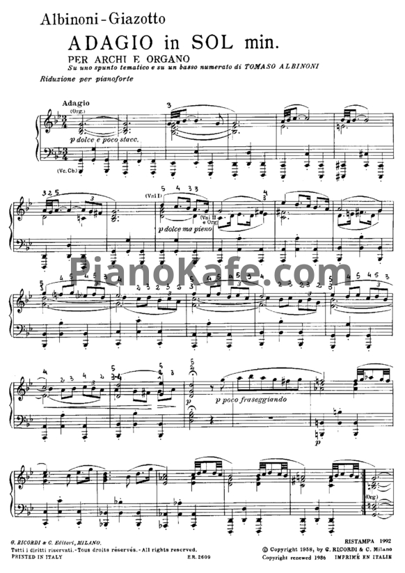 Ноты Tomaso Albinoni - Adagio (соль минор) - PianoKafe.com