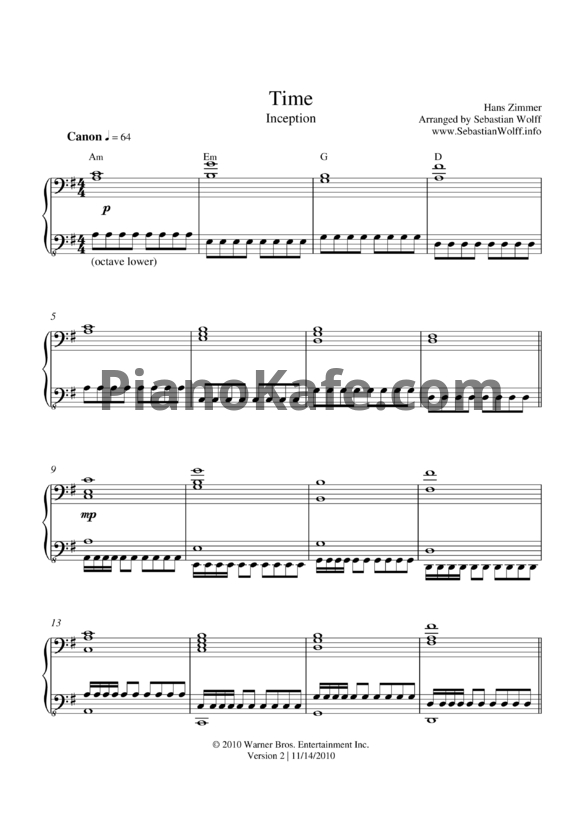 Ноты Hans Zimmer - Time (Arranged by Sebastian Wolff) - PianoKafe.com