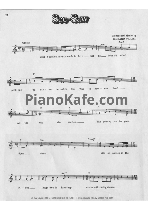 Ноты Pink Floyd - See-saw (Вокальная партия) - PianoKafe.com