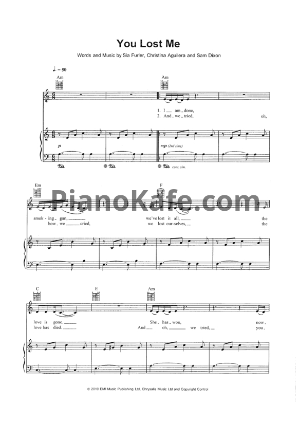 Ноты Christina Aguilera - You lost me (Версия 2) - PianoKafe.com