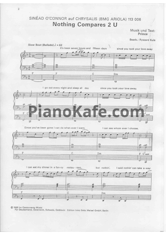 Ноты Sinead O'Connor - Nothing compares 2 U - PianoKafe.com