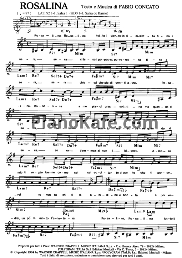 Ноты Fabio Concato -  Rosalina - PianoKafe.com