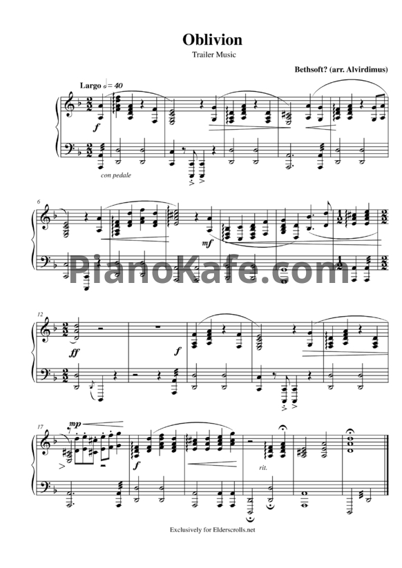 Ноты Jeremy Soule - Oblivion - PianoKafe.com