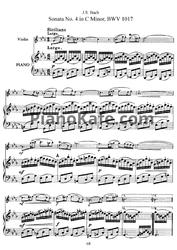 Ноты И. Бах - Соната №4 до минор (BWV 1017) - PianoKafe.com
