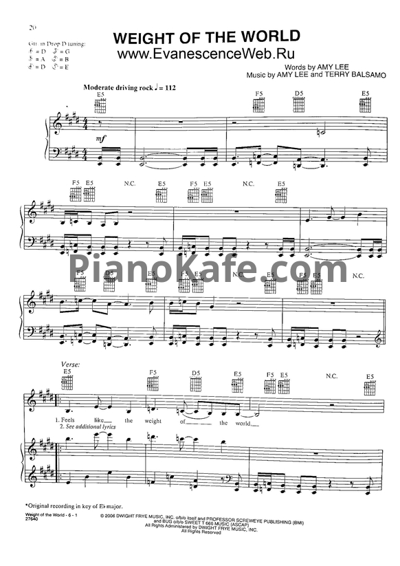 Ноты Evanescence - Weight of the World - PianoKafe.com
