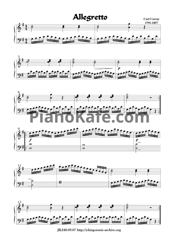 Ноты Карл Черни - Аллегретто соль мажор - PianoKafe.com