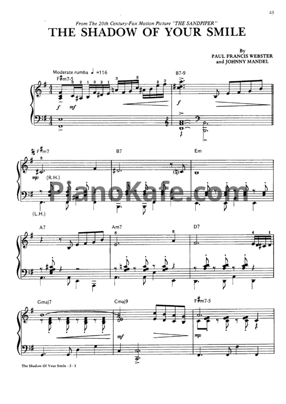 Ноты Johnny Mandel - The shadow of your smile (Версия 2) - PianoKafe.com