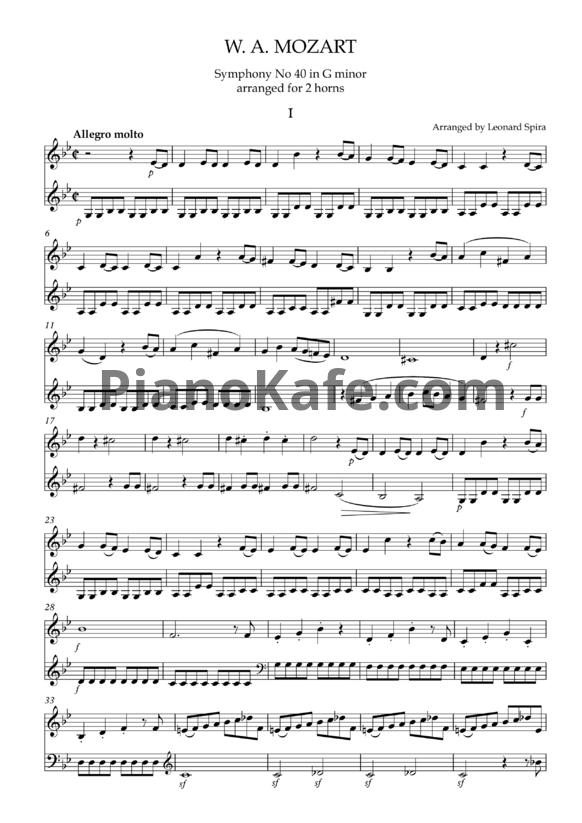Ноты В. Моцарт - Симфония №40 си минор (Переложение для 2 рогов) - PianoKafe.com