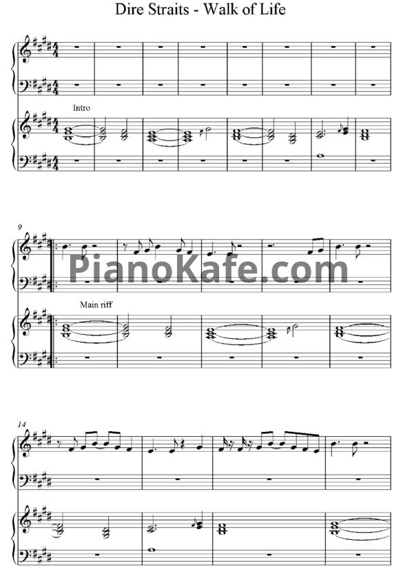 Ноты Dire Straits - Walk of life (для фортепиано в 4 руки) - PianoKafe.com