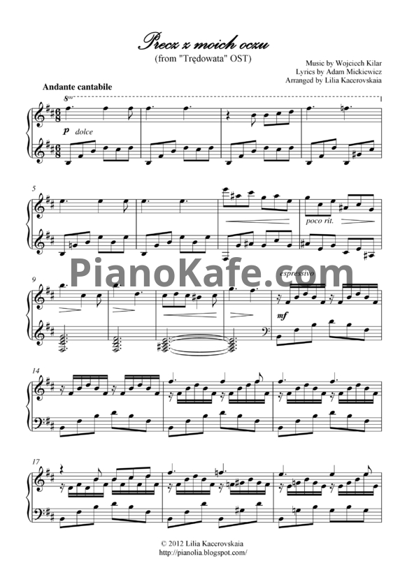 Ноты Wojciech Kilar - Precz z moich oczu (Романс Стефании) - PianoKafe.com