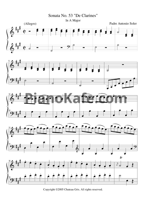 Ноты Antonio Soler - Sonata No. 53 "De Clarines" in A major - PianoKafe.com