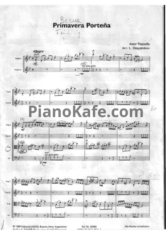 Ноты Astor Piazzolla - Primavera portena (Аранжировки Л. Десятникова) - PianoKafe.com