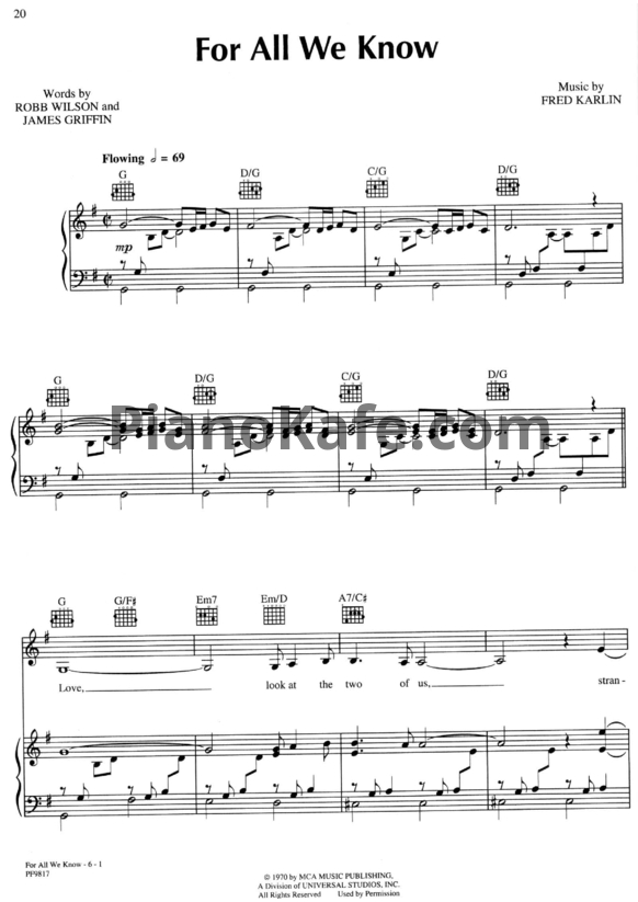 Ноты The Carpenters - For all we know - PianoKafe.com