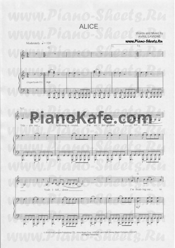 Ноты Avril Lavigne - Alice - PianoKafe.com