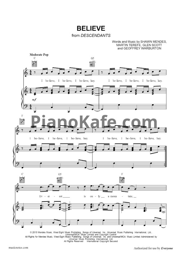 Ноты Shawn Mendes - Believe - PianoKafe.com