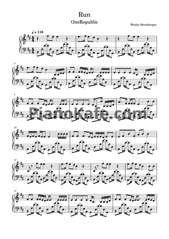 Ноты OneRepublic - Run - PianoKafe.com