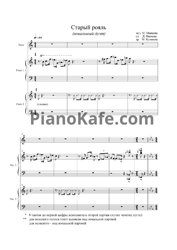 Ноты Марк Минков - Старый рояль (для фортепиано в 4 руки) - PianoKafe.com