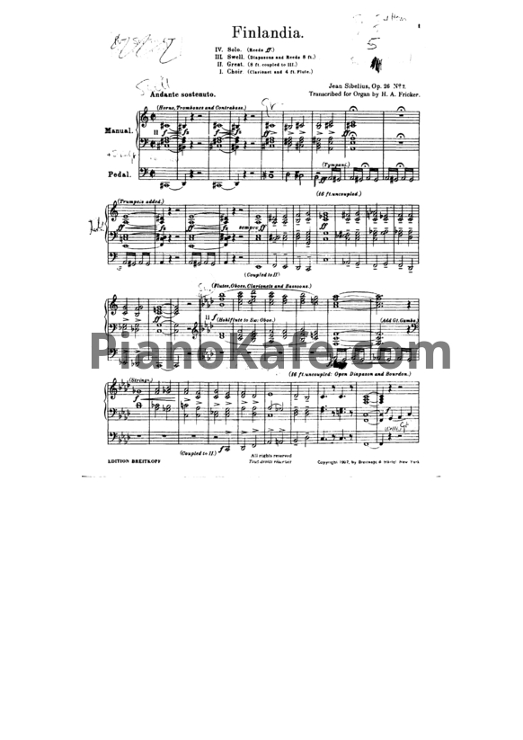 Ноты Ян Сибелиус - Симфоническая поэма "Финляндия" (Op. 26) для органа - PianoKafe.com
