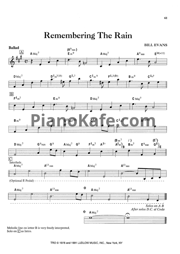 Ноты Bill Evans - Remembering the rain - PianoKafe.com