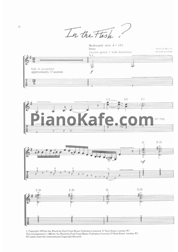 Ноты Pink Floyd - In the flesh (Guitar tabs) - PianoKafe.com
