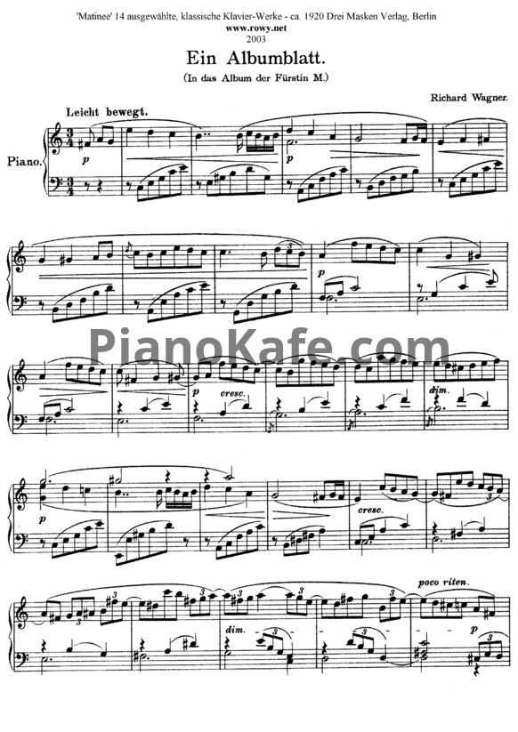 Ноты Р. Вагнер - "В альбом княгини Меттерних" (WWV 94) - PianoKafe.com