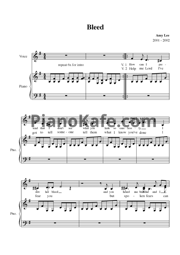 Ноты Evanescence - Bleed - PianoKafe.com