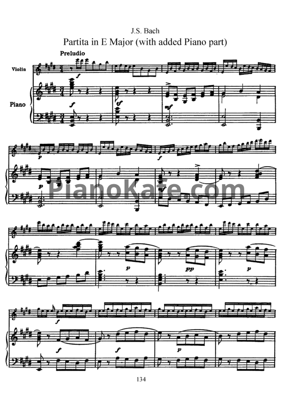 Ноты И. Бах - Партита ми мажор с добавлением фортепианной части - PianoKafe.com