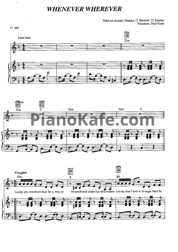 Ноты Shakira - Whenever wherever - PianoKafe.com