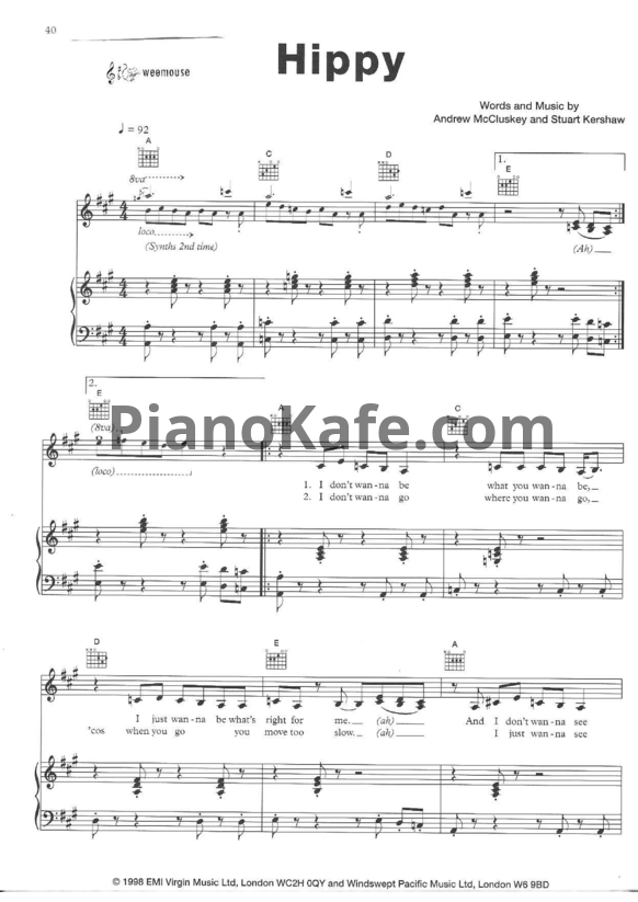 Ноты Atomic Kitten - Hippy - PianoKafe.com