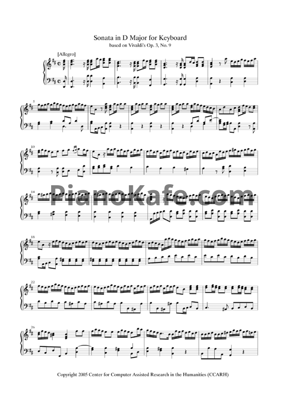 Ноты Антонио Вивальди - Соната в ре мажоре (Op. 3, №9) - PianoKafe.com