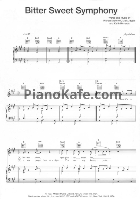 Ноты The Verve - Bitter sweet symphony - PianoKafe.com