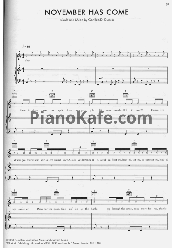 Ноты Gorillaz - November has come - PianoKafe.com