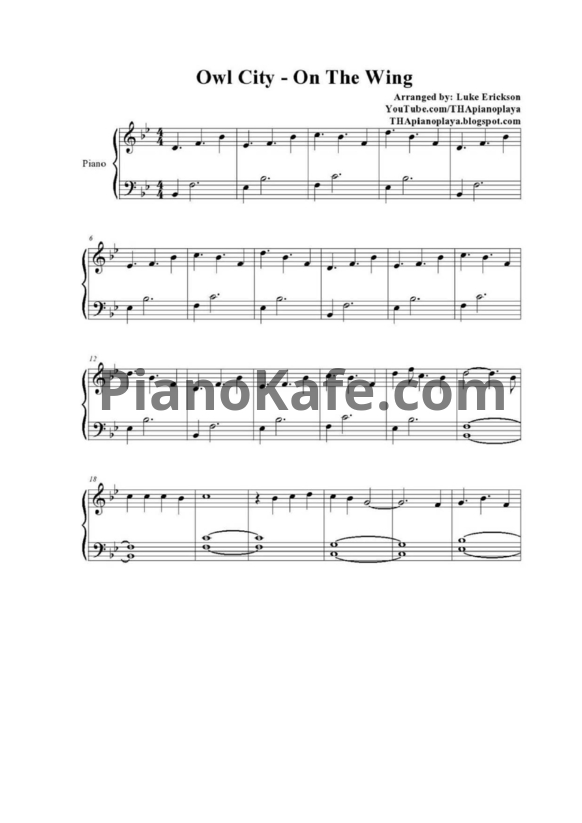 Ноты Owl City - On The Wing - PianoKafe.com