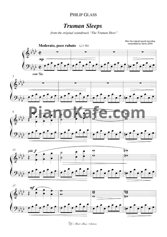 Ноты Philip Glass - Truman sleeps - PianoKafe.com