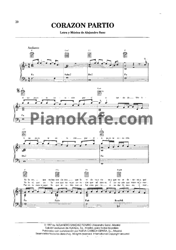 Ноты Alejandro Sanz - Corazon Partio - PianoKafe.com