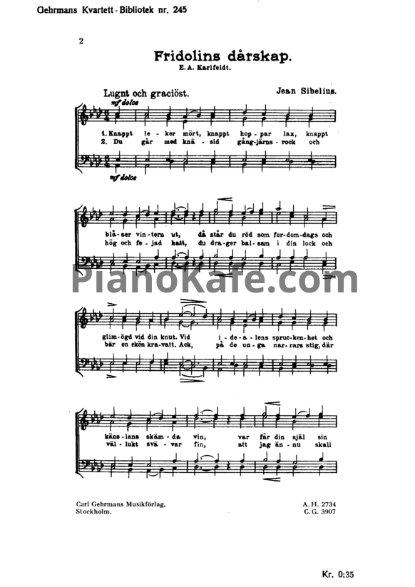 Ноты Ян Сибелиус - Песня "Fridolins Dårskap" (JS 84) - PianoKafe.com