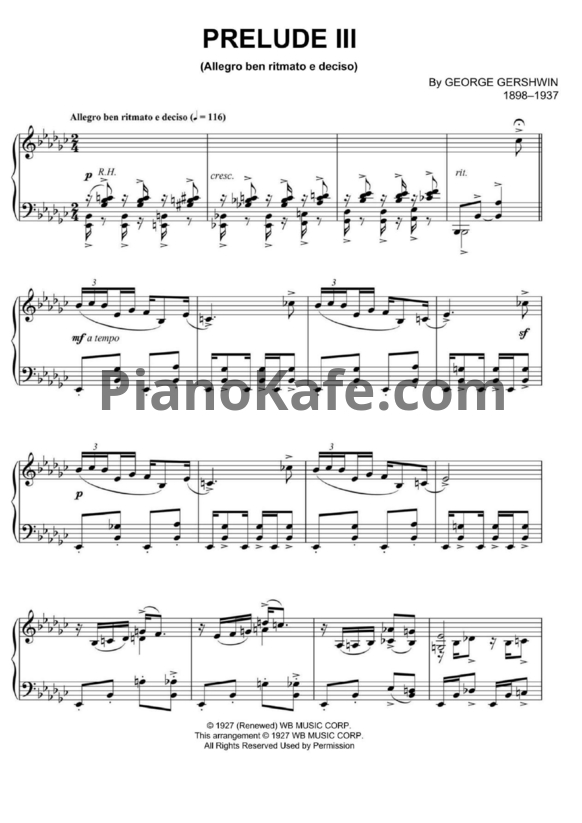 Ноты George Gershwin - Prelude 3 (Andabte ben ritmato e deciso) - PianoKafe.com