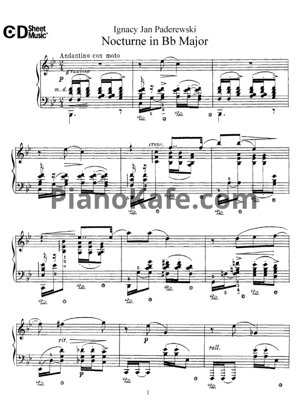 Ноты И. Падеревский - Ноктюрн си-бемоль мажор (Op. 16, №4) - PianoKafe.com