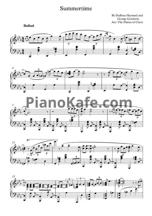 Ноты George Gershwin - Summertime (Arr.: The Pianos of Cha'n) - PianoKafe.com