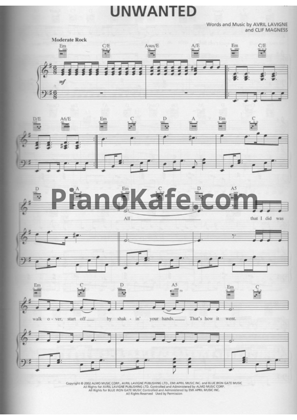 Ноты Avril Lavigne - Unwanted - PianoKafe.com