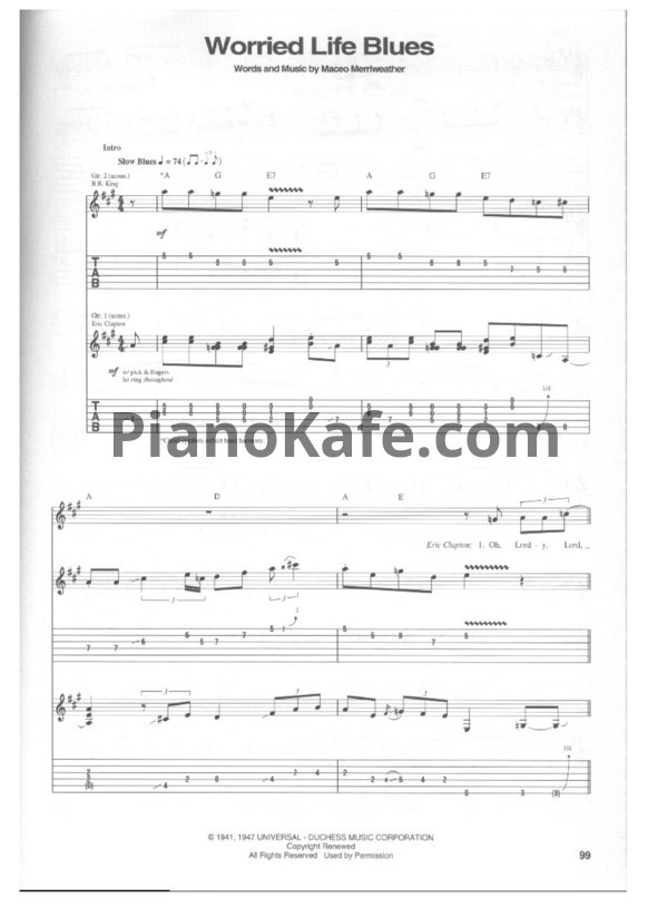 Ноты Eric Clapton - Worried life blues - PianoKafe.com
