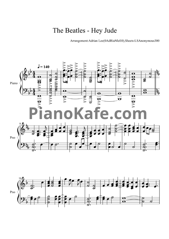 Ноты The Beatles - Hey Jude (Adrian Lee version) - PianoKafe.com