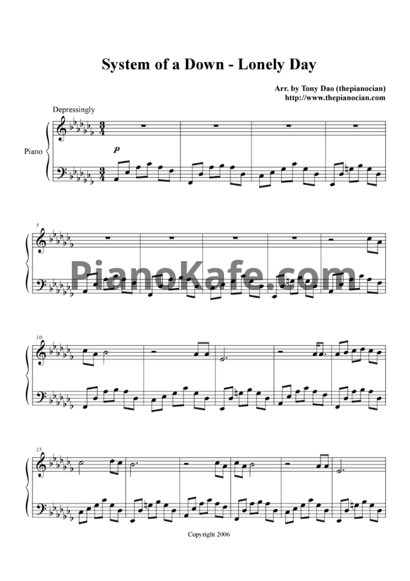 Ноты System of a Down - Lonely day - PianoKafe.com