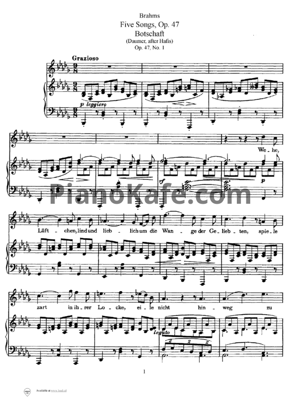 Ноты И. Брамс - Пять песен (op. 47) - PianoKafe.com
