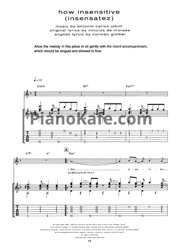 Ноты Antonio Carlos Jobim - How insensitive (Voice and Guitar tabs) - PianoKafe.com
