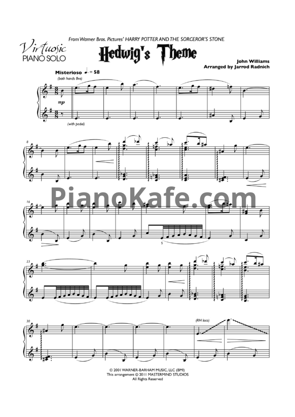 Ноты Jarrod Radnich - Hedwig's theme (Incredible piano solo Harry Potter) - PianoKafe.com