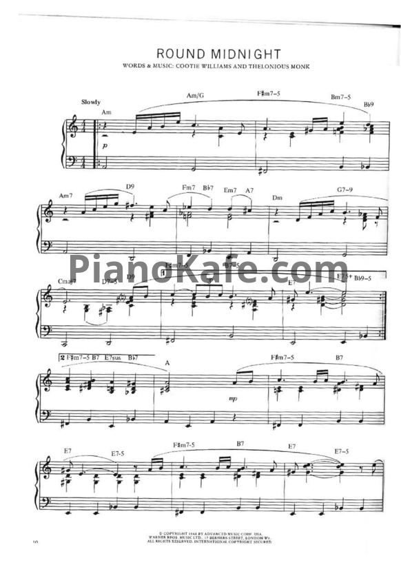 Ноты Thelonious Monk - Round midnight - PianoKafe.com
