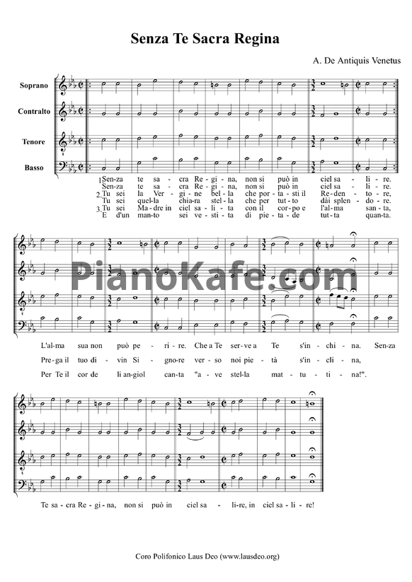 Ноты A. De Antiquis Venetus - Senza Te sacra regina (для смешанного хора а-капелла) - PianoKafe.com